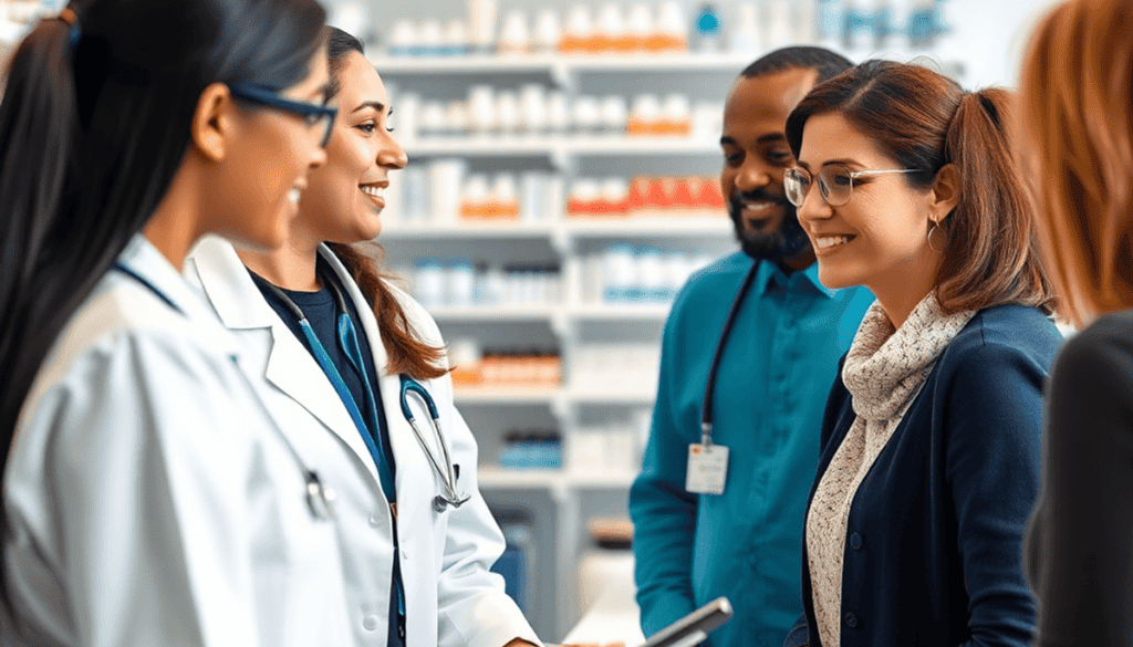 A pharmacist attentively consulting with a group of patients in a modern pharmacy, surrounded by digital health tools and medications.