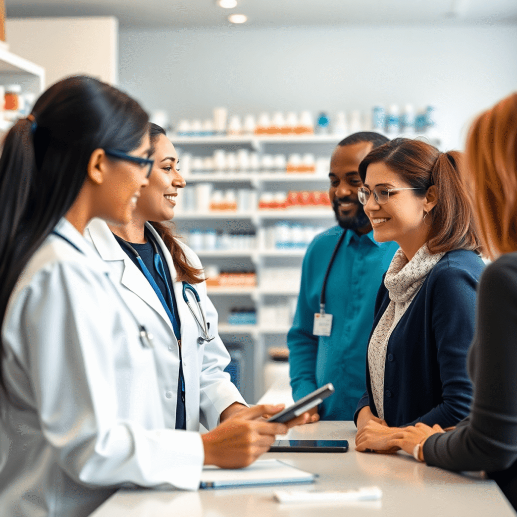 A pharmacist attentively consulting with a group of patients in a modern pharmacy, surrounded by digital health tools and medications.