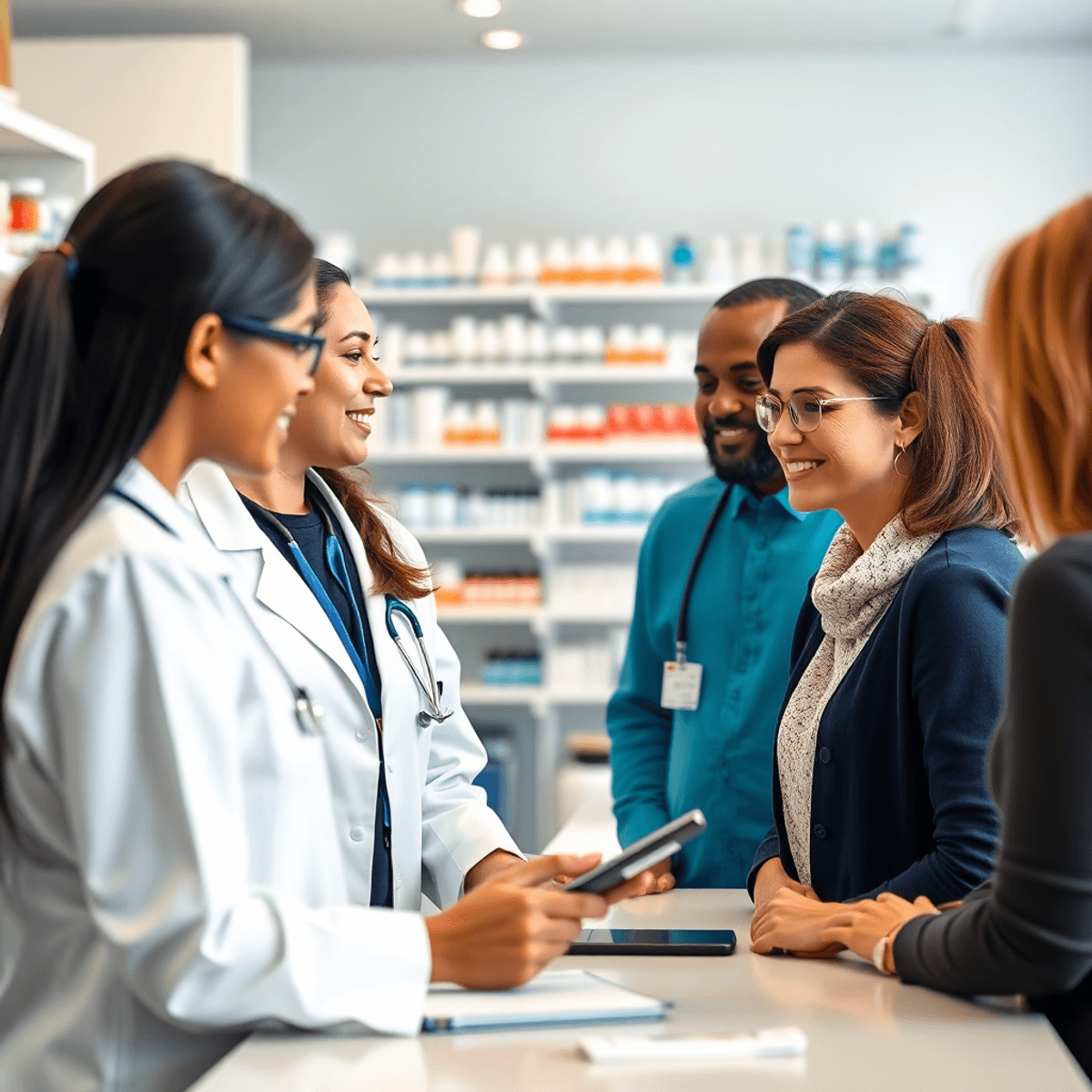 A pharmacist attentively consulting with a group of patients in a modern pharmacy, surrounded by digital health tools and medications.