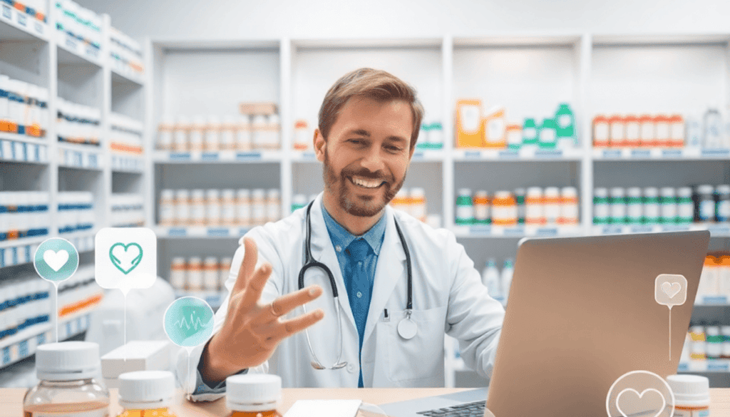 A pharmacist conducting a video consultation on a laptop in a modern pharmacy, surrounded by medication bottles and digital healthcare icons.