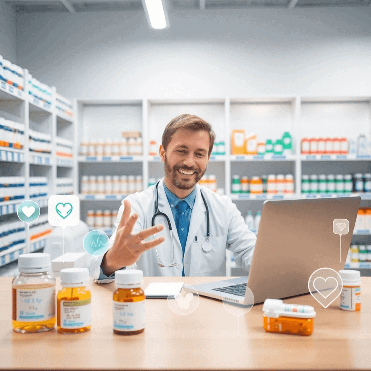 A pharmacist conducting a video consultation on a laptop in a modern pharmacy, surrounded by medication bottles and digital healthcare icons.