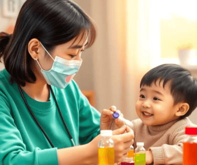A smiling parent giving medicine to a child using a colorful spoon, with bright medicine bottles on a table in a cozy home setting.