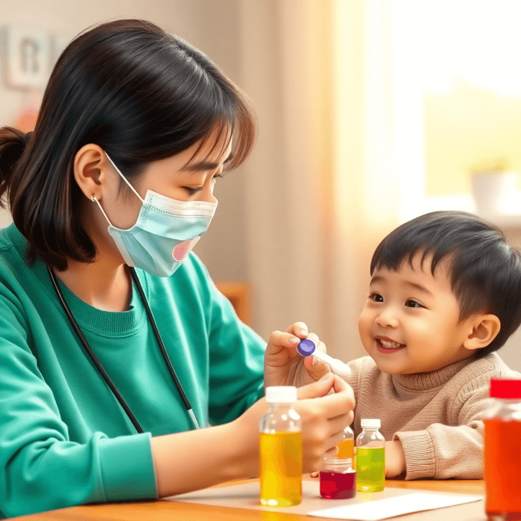 A smiling parent giving medicine to a child using a colorful spoon, with bright medicine bottles on a table in a cozy home setting.
