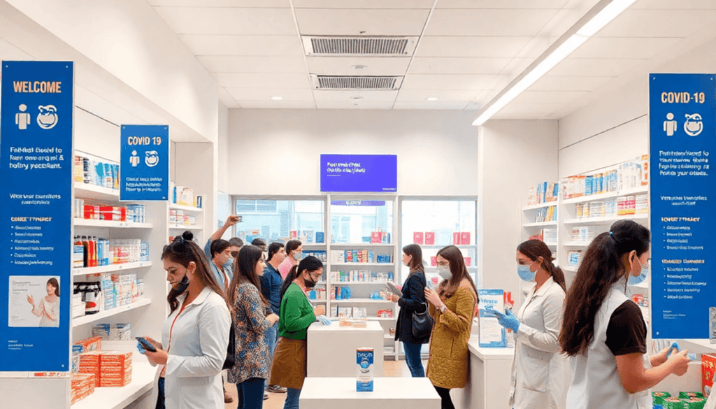 Bright modern pharmacy interior with clear flu and COVID-19 vaccination signs, friendly pharmacists assisting customers, highlighting accessibility...