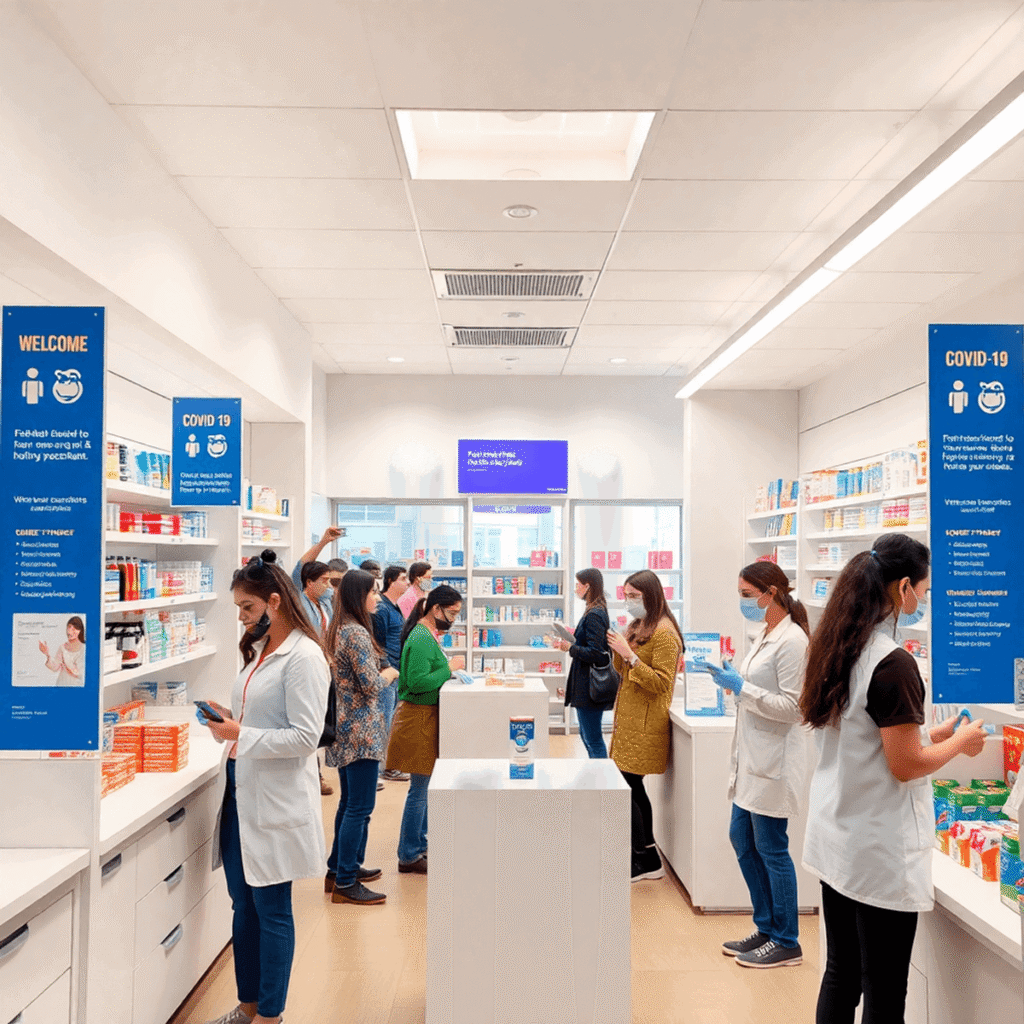 Bright modern pharmacy interior with clear flu and COVID-19 vaccination signs, friendly pharmacists assisting customers, highlighting accessibility...