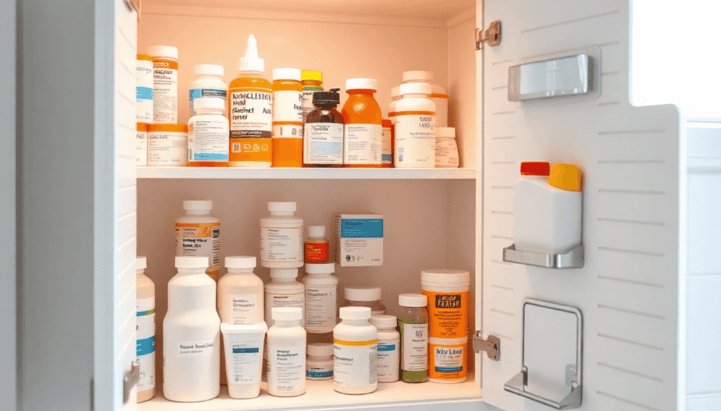 Bright, organized medicine cabinet with labeled bottles and containers in a clean bathroom, highlighting safe and proper medication storage.