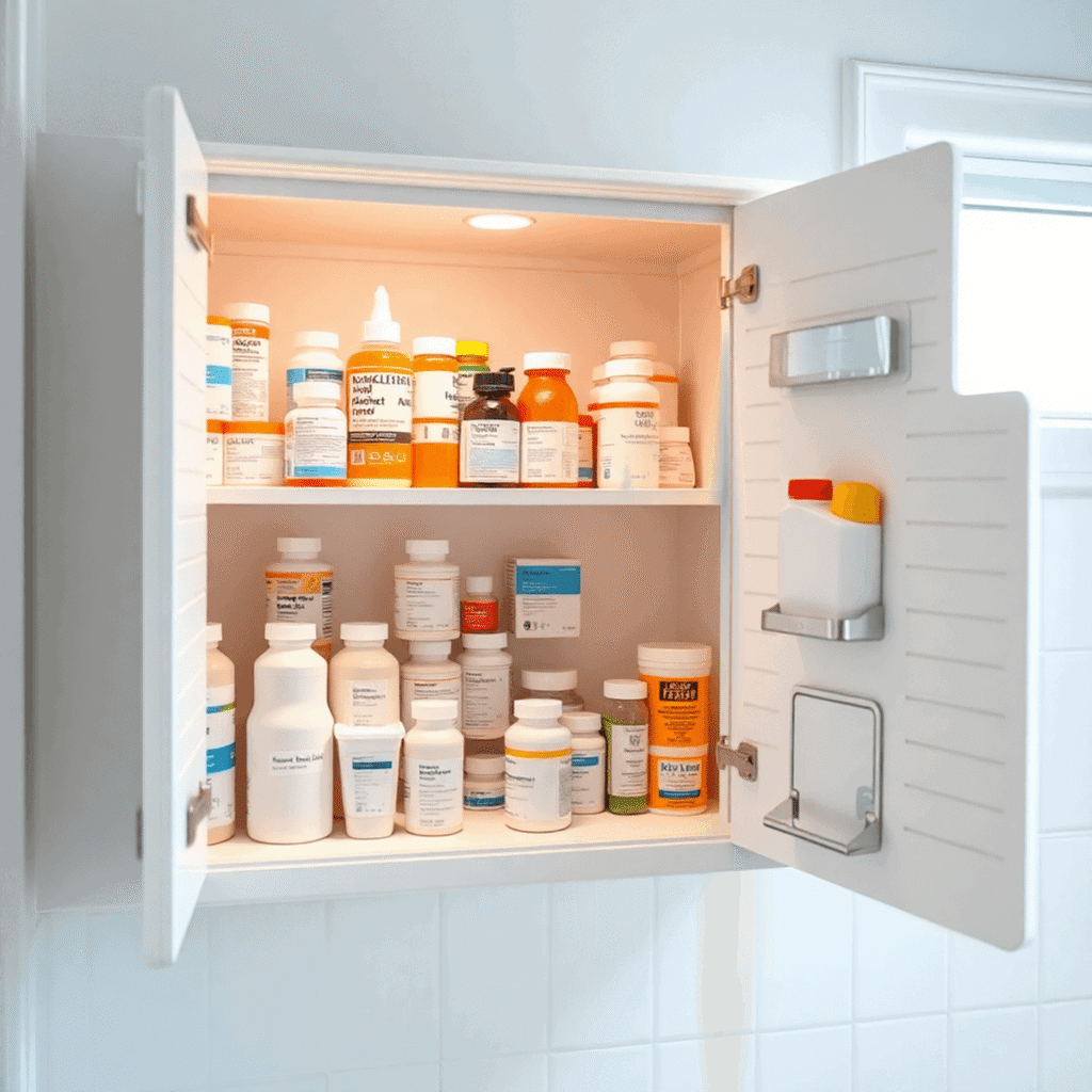 Bright, organized medicine cabinet with labeled bottles and containers in a clean bathroom, highlighting safe and proper medication storage.