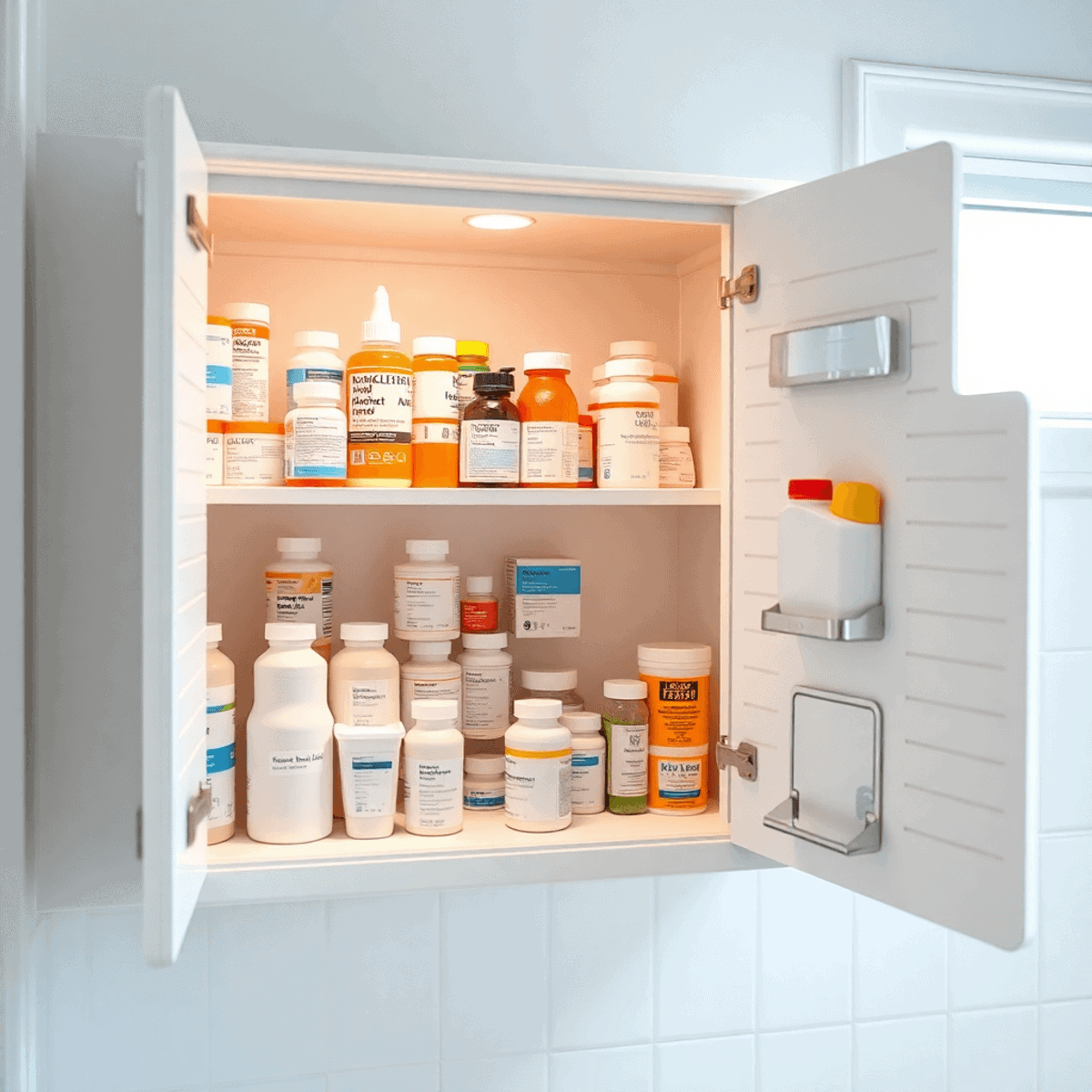 Bright, organized medicine cabinet with labeled bottles and containers in a clean bathroom, highlighting safe and proper medication storage.