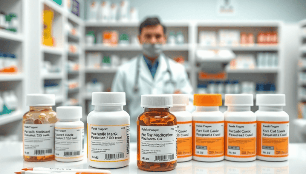Bright pharmacy counter with customized medicine bottles, prescription labels, and a friendly pharmacist in the background, highlighting personaliz...