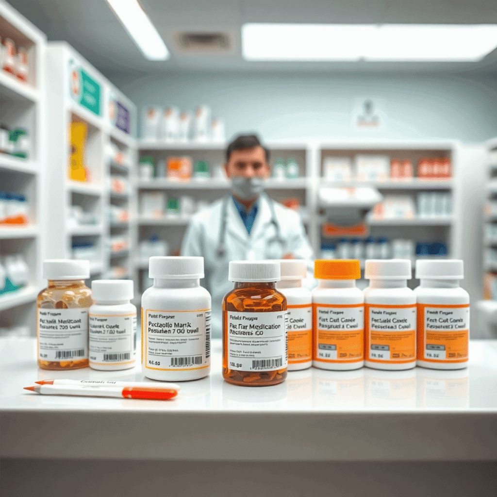 Bright pharmacy counter with customized medicine bottles, prescription labels, and a friendly pharmacist in the background, highlighting personaliz...