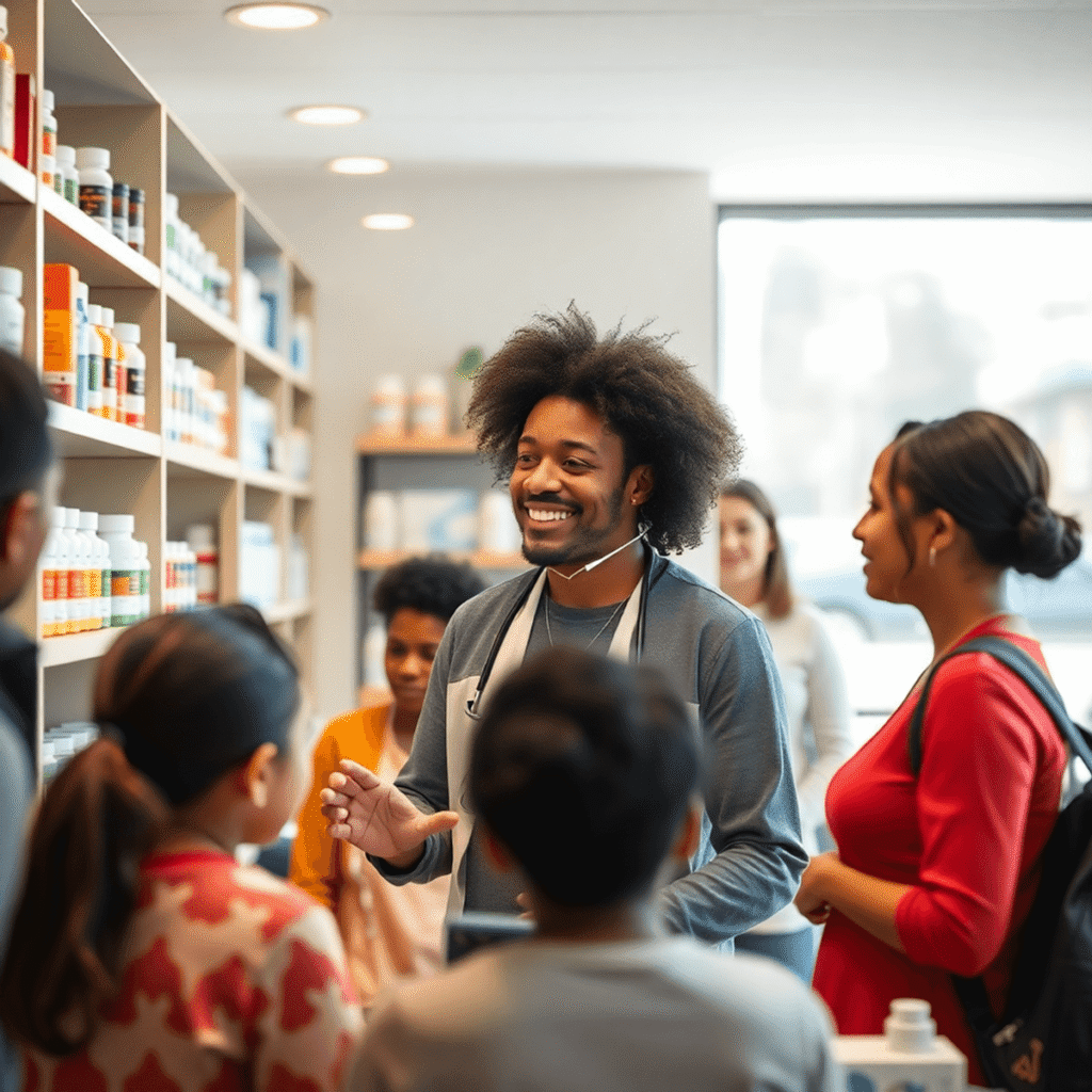 Bright pharmacy interior with shelves of medication and a friendly pharmacist assisting diverse customers, highlighting mental health support and a...