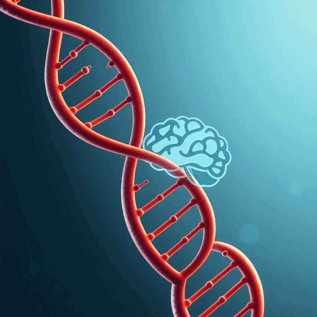 Close-up illustration of a DNA strand intertwined with a brain graphic, highlighting genetic links to ADHD on a clean, scientific background with m...