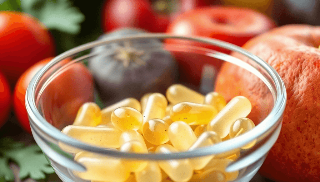 Close-up of zinc mineral supplements in a clear glass bowl with blurred fresh fruits and vegetables in the background.