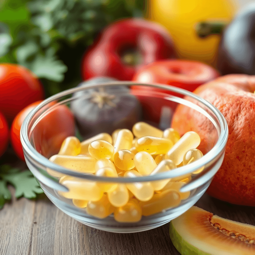 Close-up of zinc mineral supplements in a clear glass bowl with blurred fresh fruits and vegetables in the background.