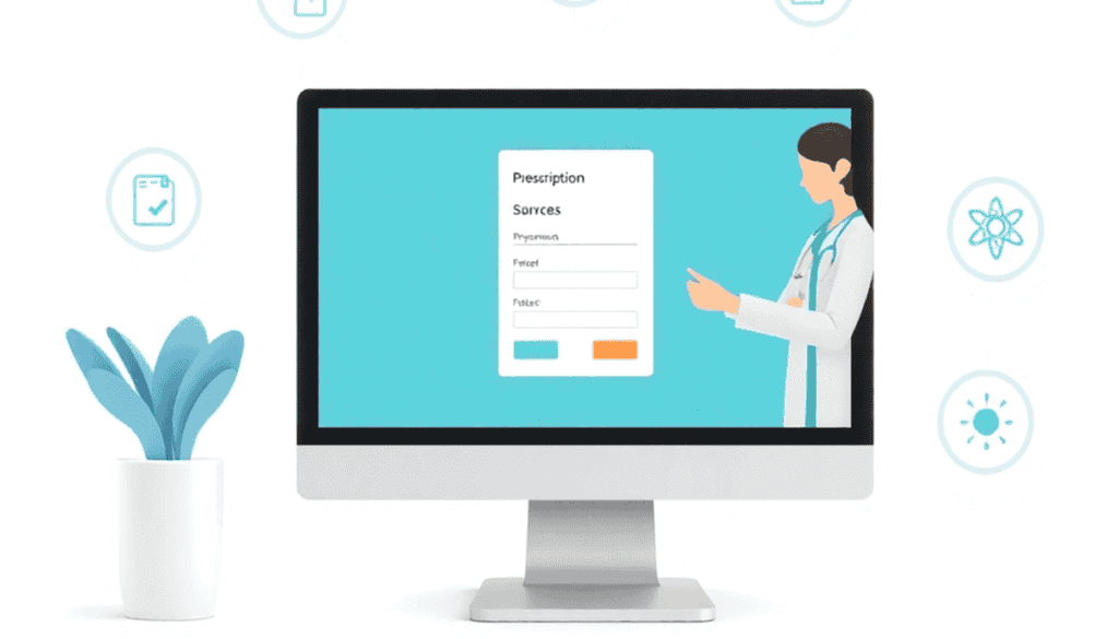 Computer screen displaying online prescription form, pharmacist verifying orders, and safety check icons on a bright, modern healthcare background.