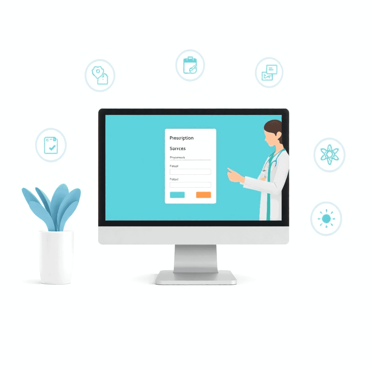 Computer screen displaying online prescription form, pharmacist verifying orders, and safety check icons on a bright, modern healthcare background.