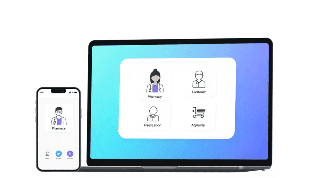 Digital illustration of a laptop and smartphone showing an online pharmacy app with telehealth icons on a clean, minimal background.