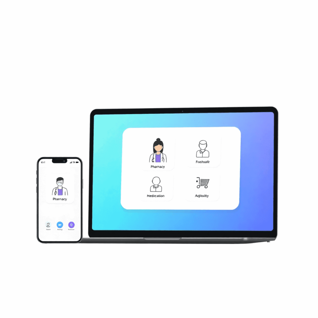 Digital illustration of a laptop and smartphone showing an online pharmacy app with telehealth icons on a clean, minimal background.