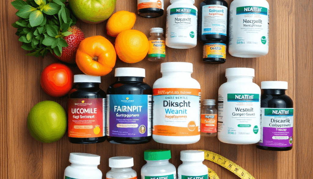 Flat lay of weight management supplements, OTC bottles, fresh fruits, and a measuring tape on a wooden surface symbolizing health and weight loss.