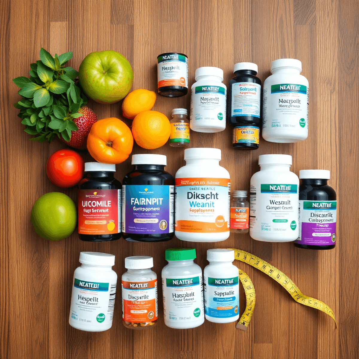 Flat lay of weight management supplements, OTC bottles, fresh fruits, and a measuring tape on a wooden surface symbolizing health and weight loss.