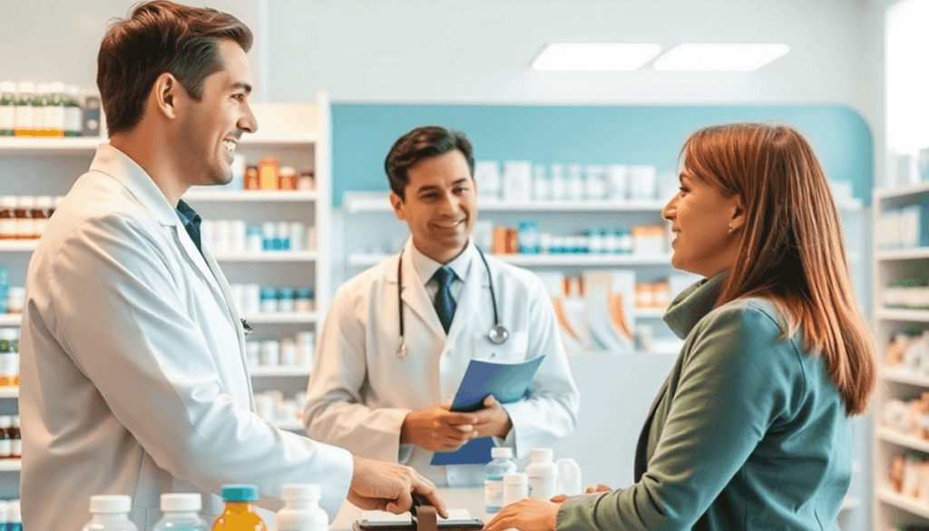 Friendly pharmacist assisting a patient at a modern pharmacy counter with prescription bottles and medication labels in a bright, clean interior.