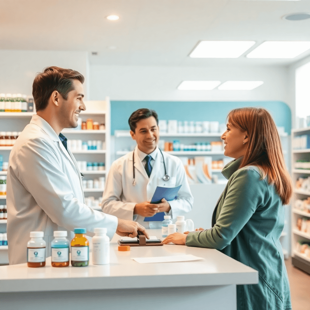 Friendly pharmacist assisting a patient at a modern pharmacy counter with prescription bottles and medication labels in a bright, clean interior.