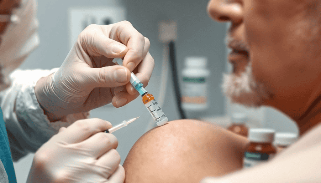 Healthcare professional giving a vitamin B12 injection to an adult patient, with medical equipment and supplement bottles in the background.
