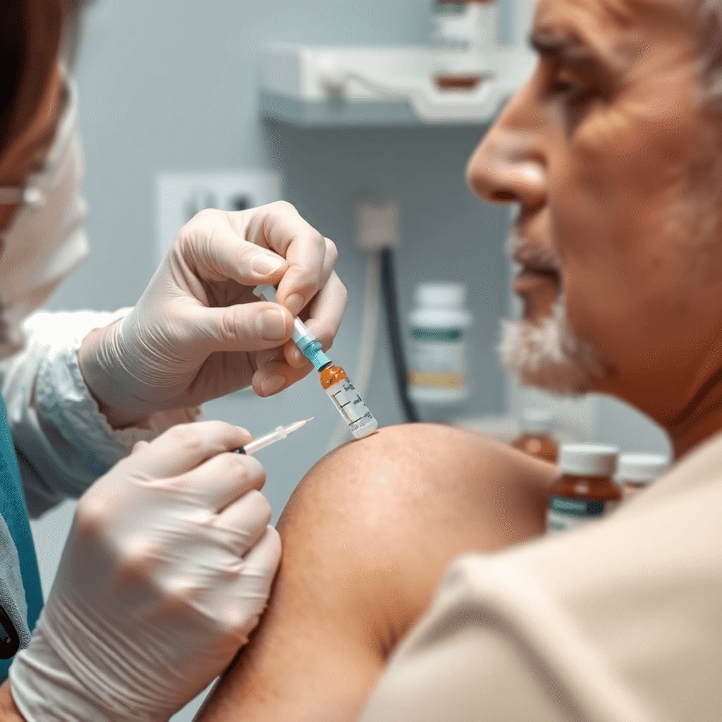 Healthcare professional giving a vitamin B12 injection to an adult patient, with medical equipment and supplement bottles in the background.