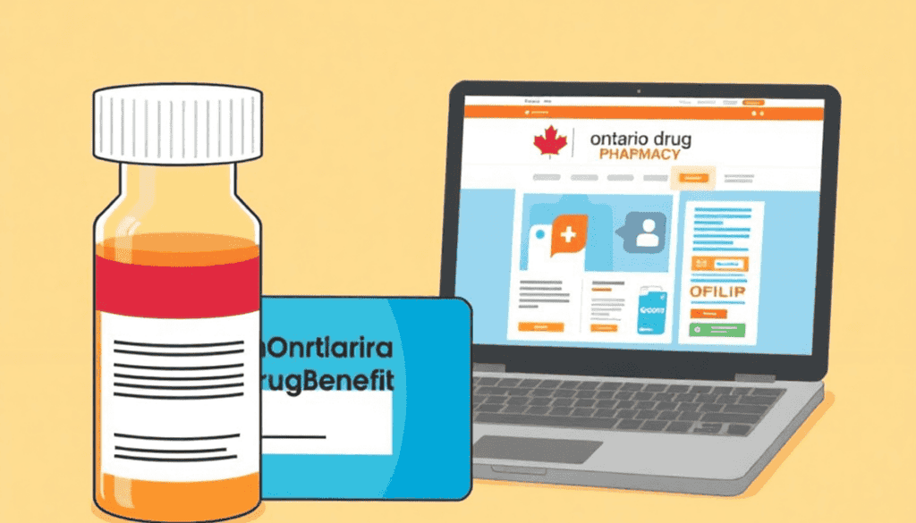 Illustration of a prescription bottle, Ontario Drug Benefit card, and laptop displaying an online pharmacy on a bright healthcare-themed background.
