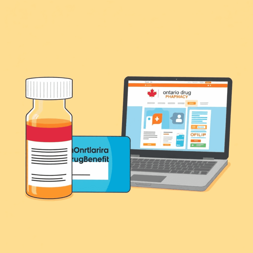 Illustration of a prescription bottle, Ontario Drug Benefit card, and laptop displaying an online pharmacy on a bright healthcare-themed background.