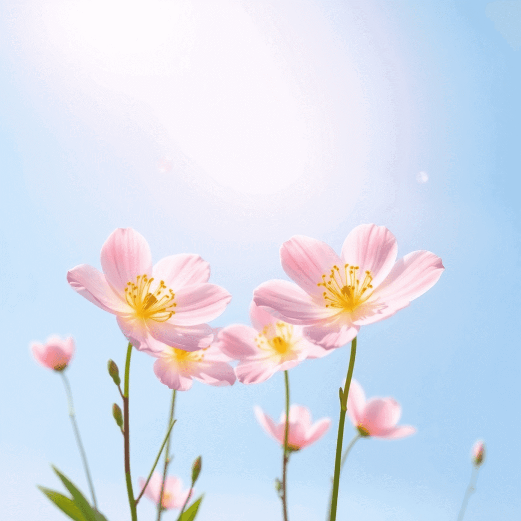Illustration of blooming spring flowers with floating pollen particles against a clear blue sky and soft natural light.