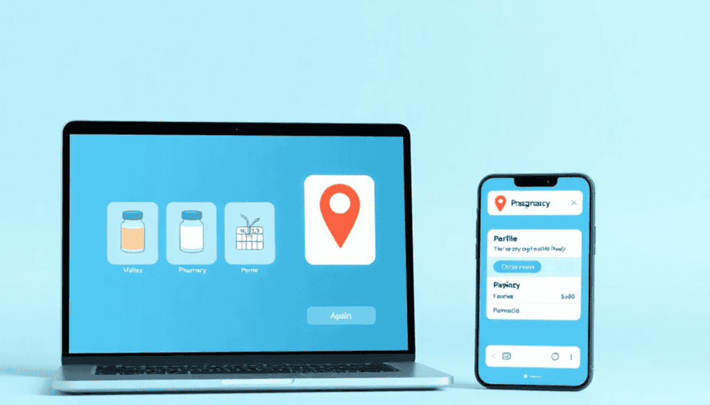 Laptop and smartphone showing an online prescription refill app with medicine icons, pharmacy pin, and notifications on a bright, clean background.