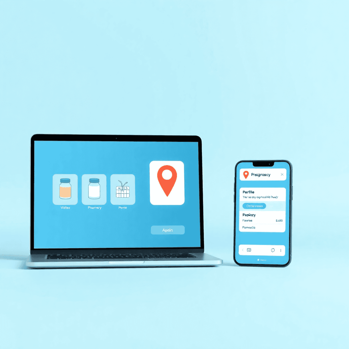 Laptop and smartphone showing an online prescription refill app with medicine icons, pharmacy pin, and notifications on a bright, clean background.