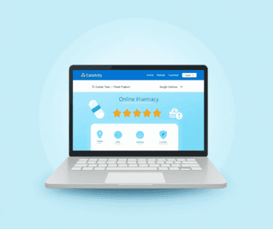 Laptop showing an online pharmacy site with review stars and medication icons on a soft blue background symbolizing trust and safety.