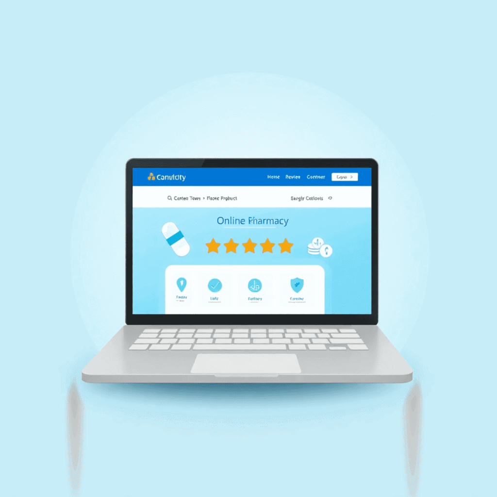 Laptop showing an online pharmacy site with review stars and medication icons on a soft blue background symbolizing trust and safety.