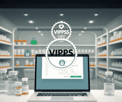 Modern digital pharmacy storefront with VIPPS seal, prescription bottles, and a laptop showing a secure online shopping interface.