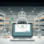 Modern digital pharmacy storefront with VIPPS seal, prescription bottles, and a laptop showing a secure online shopping interface.