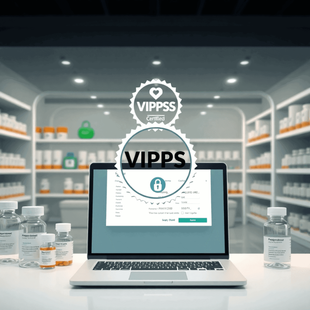 Modern digital pharmacy storefront with VIPPS seal, prescription bottles, and a laptop showing a secure online shopping interface.
