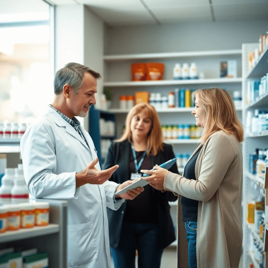 Modern pharmacy interior with a pharmacist consulting a patient amid shelves of medications and health products, symbolizing accessible healthcare.