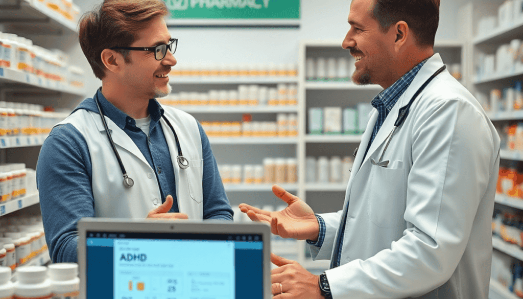 Pharmacist consulting patient about medication in a bright pharmacy with bottles and a laptop displaying an online pharmacy interface.