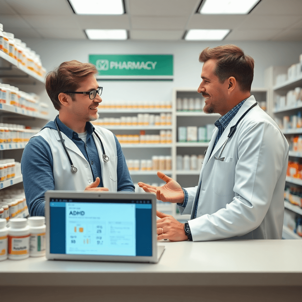 Pharmacist consulting patient about medication in a bright pharmacy with bottles and a laptop displaying an online pharmacy interface.