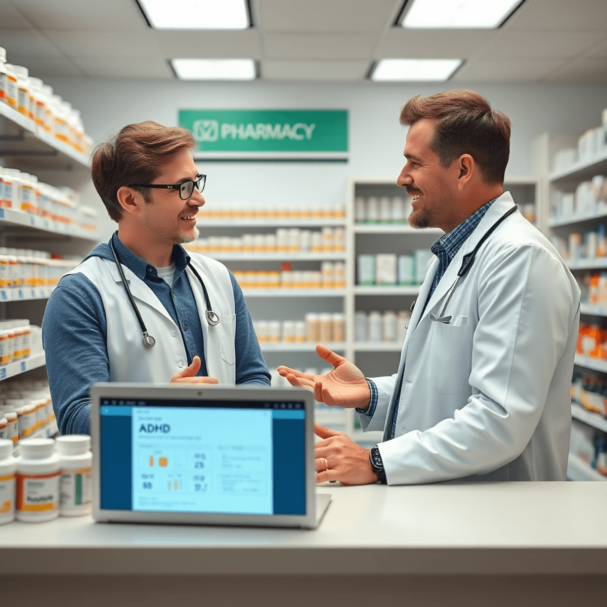 Pharmacist consulting patient about medication in a bright pharmacy with bottles and a laptop displaying an online pharmacy interface.