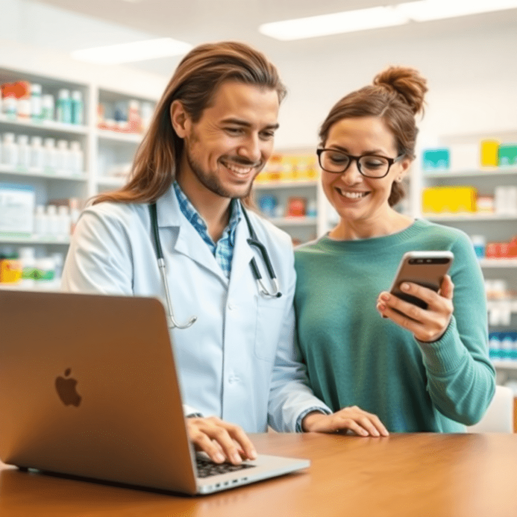 Pharmacist in modern pharmacy assisting patient via laptop and smartphone, surrounded by medication shelves in a bright, clean environment.