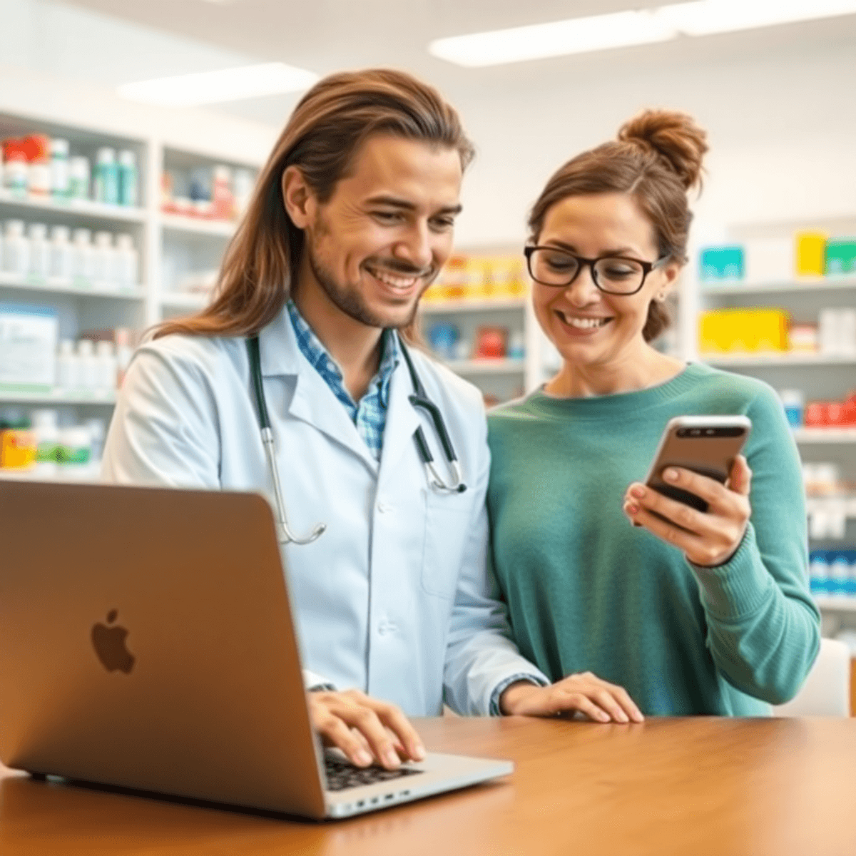 Pharmacist in modern pharmacy assisting patient via laptop and smartphone, surrounded by medication shelves in a bright, clean environment.