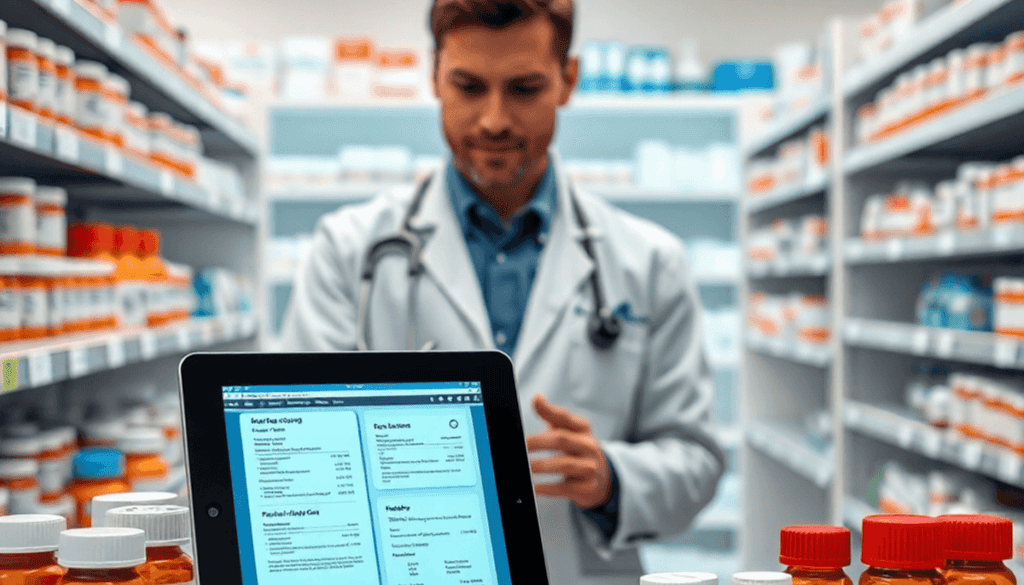 Pharmacist reviewing electronic health records on a tablet, surrounded by medication bottles in a modern pharmacy setting.