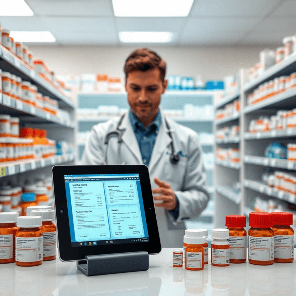 Pharmacist reviewing electronic health records on a tablet, surrounded by medication bottles in a modern pharmacy setting.