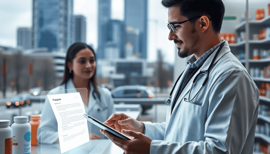 Pharmacist using a tablet with holographic prescription in a modern pharmacy, cityscape visible through large windows.