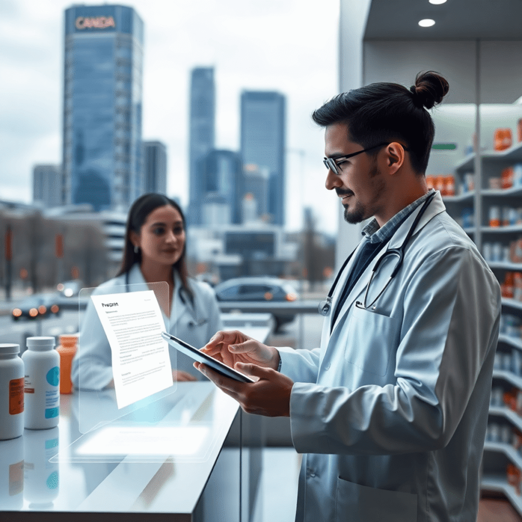 Pharmacist using a tablet with holographic prescription in a modern pharmacy, cityscape visible through large windows.