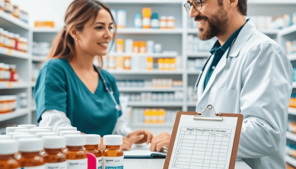 Pharmacy counter with organized medication bottles, a pharmacist assisting a customer, and a clipboard displaying a medication schedule.