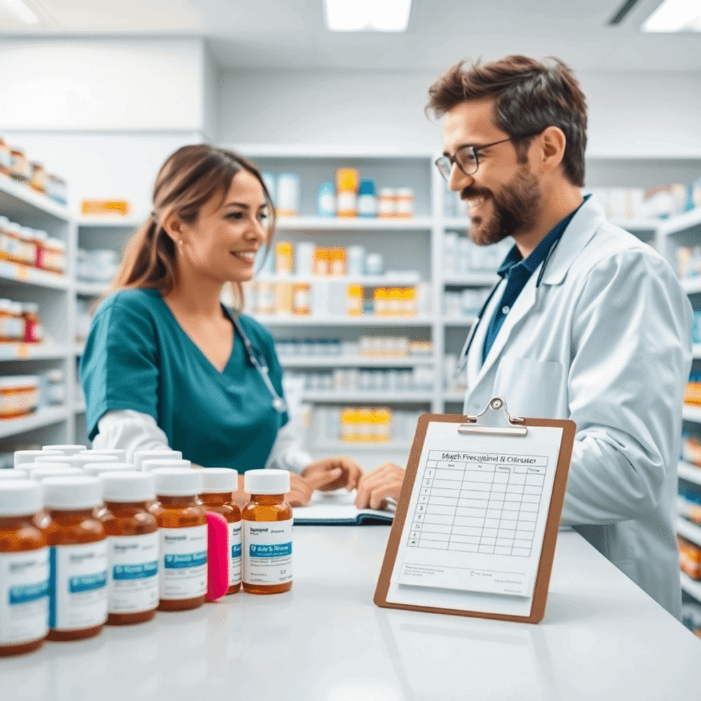 Pharmacy counter with organized medication bottles, a pharmacist assisting a customer, and a clipboard displaying a medication schedule.